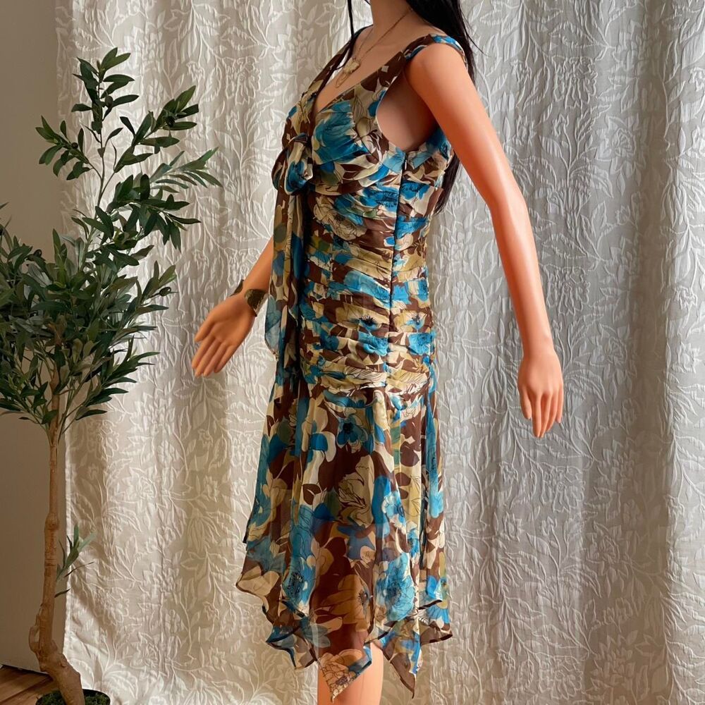Vintage Y2K Georgiou Studio Silk Floral Dress Ruched Handkerchief Hem Size 10 - Picture 5 of 8